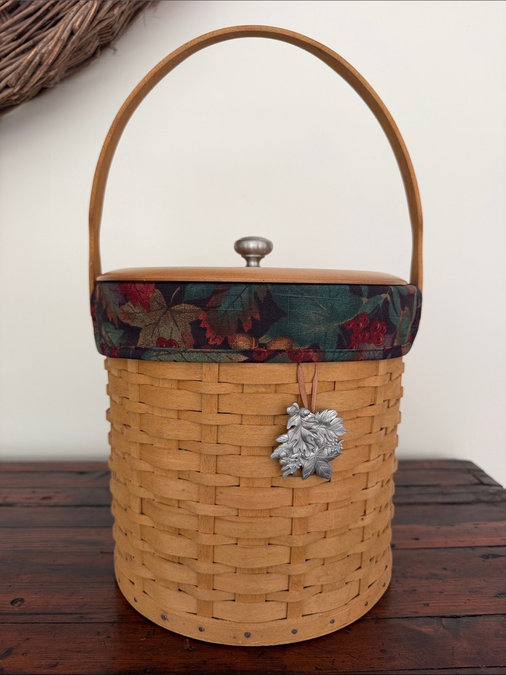 Vintage Longaberger Ice Bucket Basket With Fall Leaves Liner and Leaves Charm.